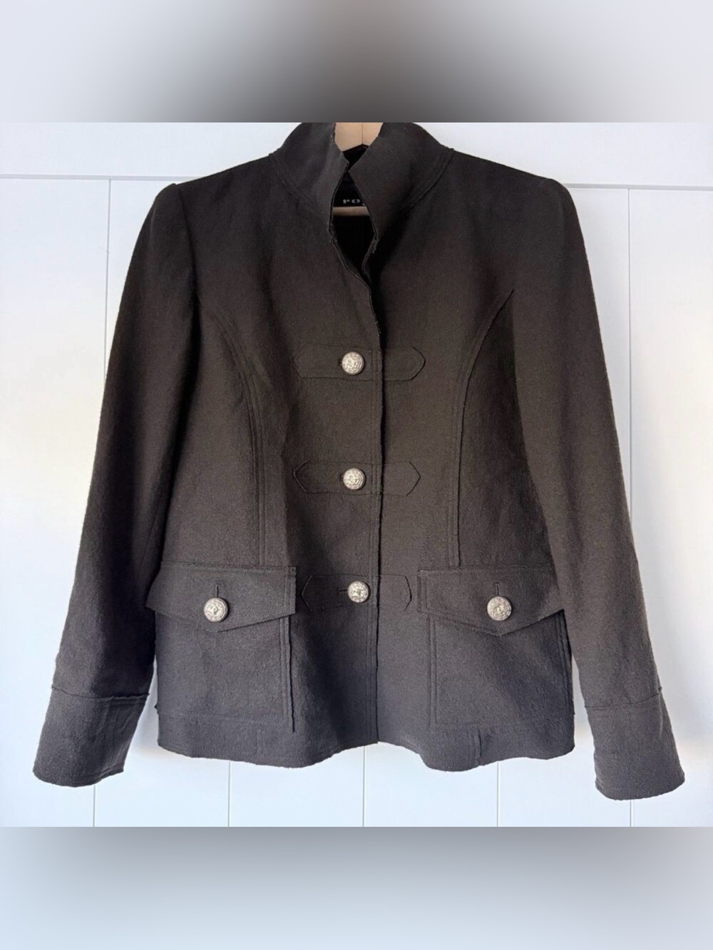 VTG Military Jacket 100% Boiled Wool Roga Japan US Sz 6 8 Brown Antiqued Gold